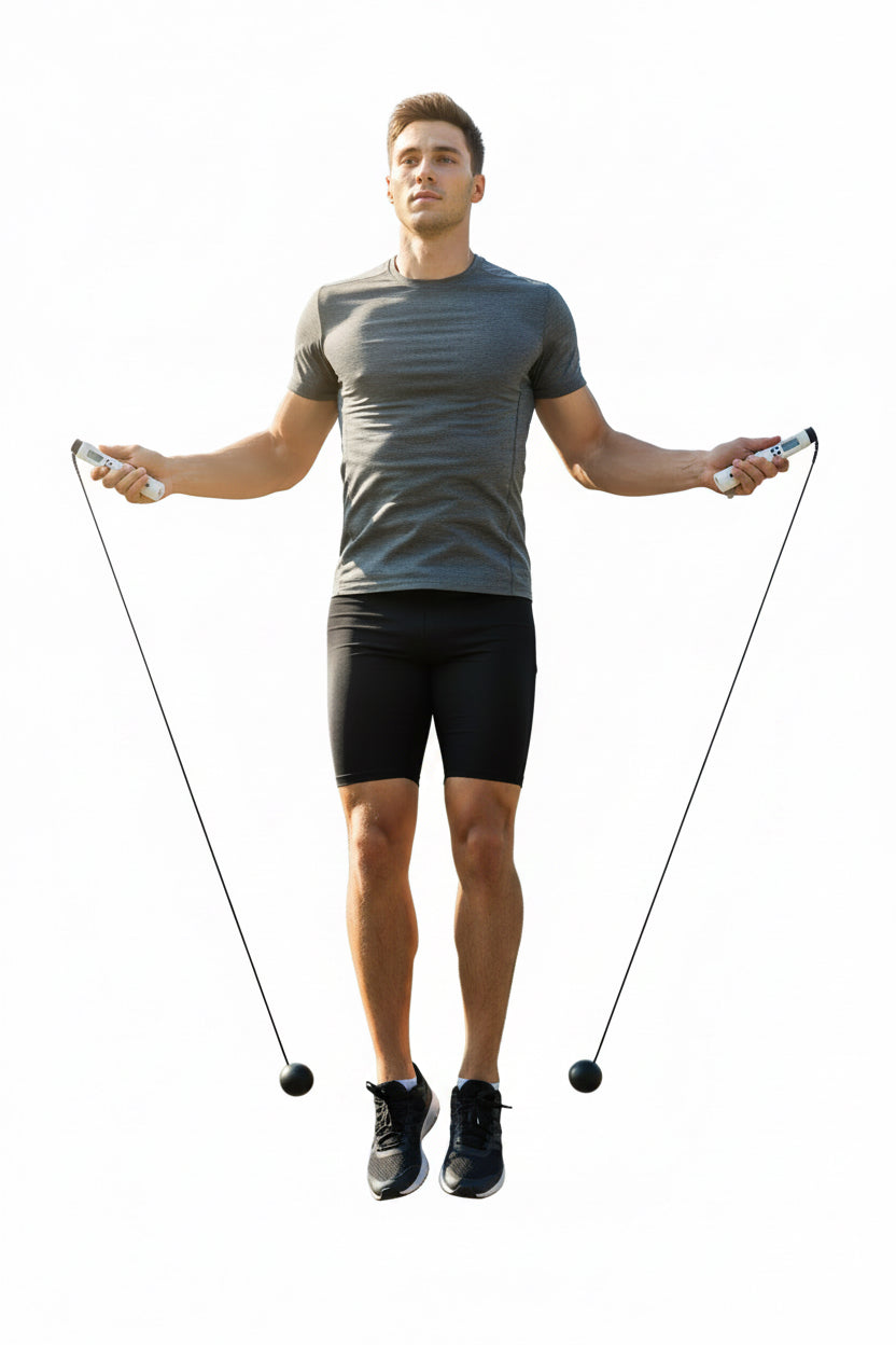 Digital jump rope with black cables on a white background