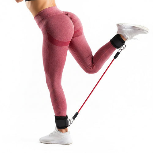 Resistance band set with person using it on a white background